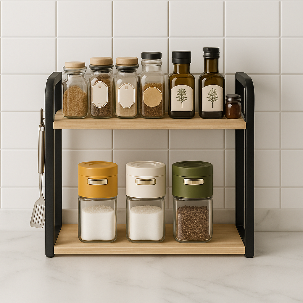 2-Tier Countertop Spice Rack – Metal Frame + Natural Wood Shelves