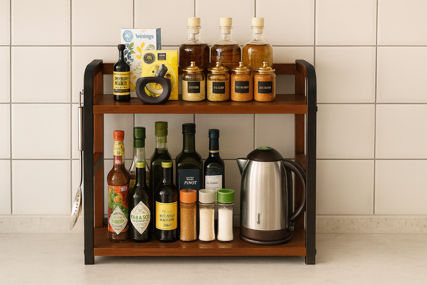 2-Tier Countertop Spice Rack – Metal Frame + Natural Wood Shelves