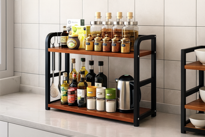 2-Tier Countertop Spice Rack – Metal Frame + Natural Wood Shelves