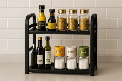 2-Tier Countertop Spice Rack – Metal Frame + Natural Wood Shelves