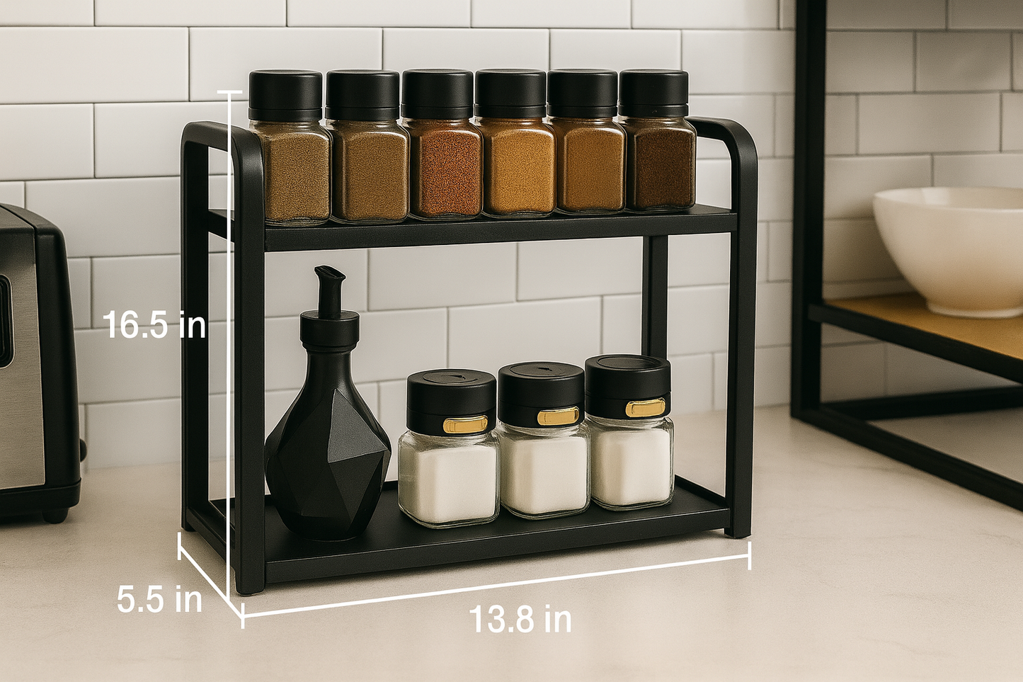 2-Tier Countertop Spice Rack – Metal Frame + Natural Wood Shelves