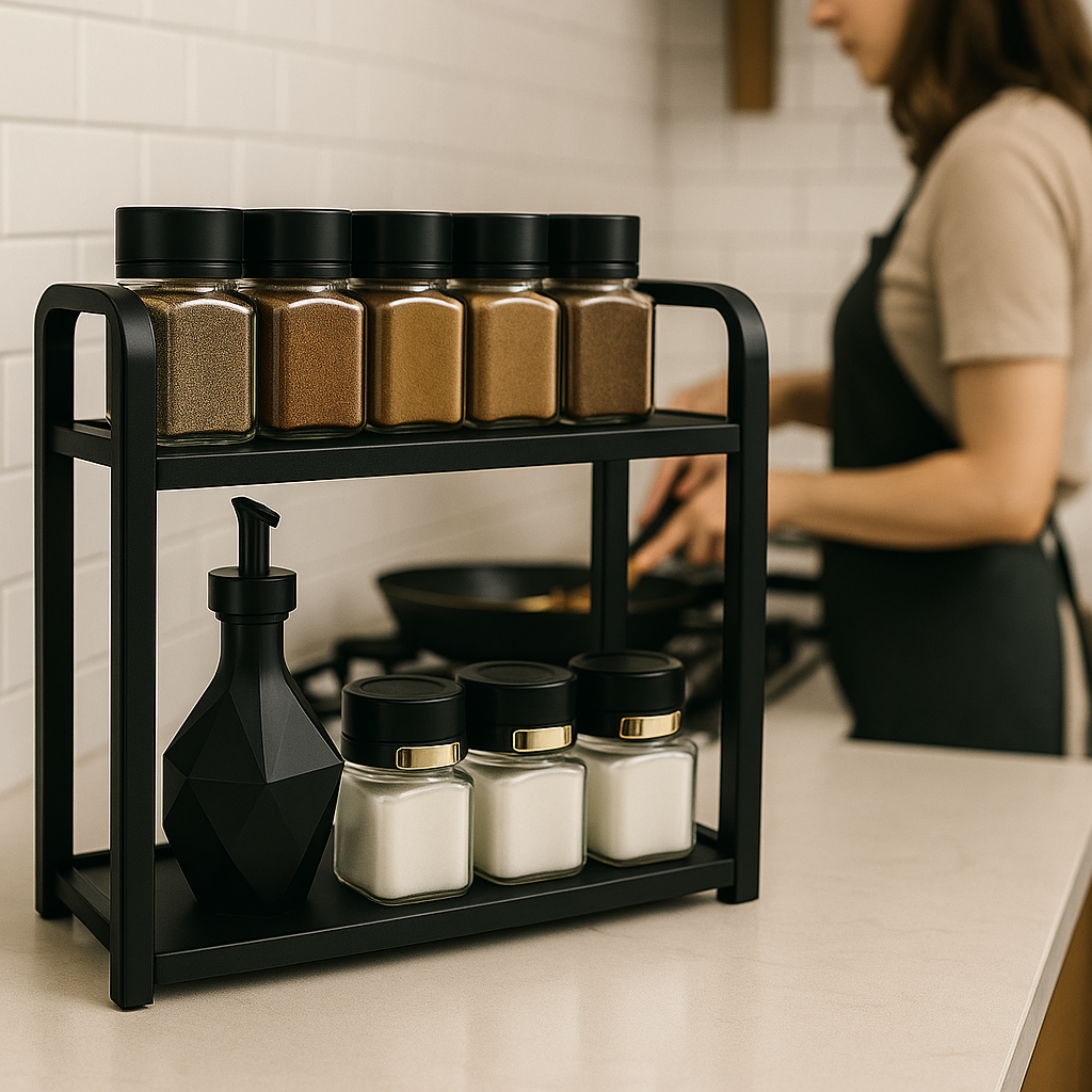 2-Tier Countertop Spice Rack – Metal Frame + Natural Wood Shelves