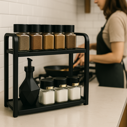 2-Tier Countertop Spice Rack – Metal Frame + Natural Wood Shelves