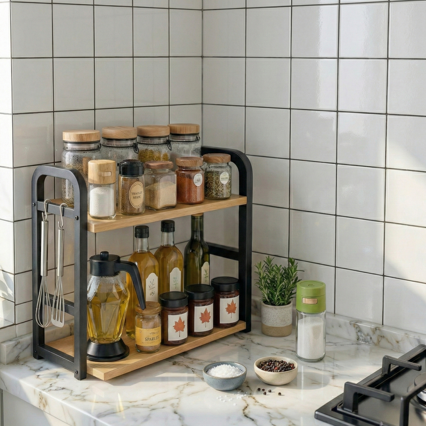 2-Tier Countertop Spice Rack – Metal Frame + Natural Wood Shelves