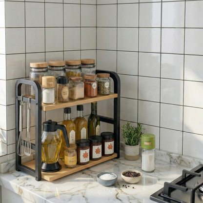2-Tier Countertop Spice Rack – Metal Frame + Natural Wood Shelves
