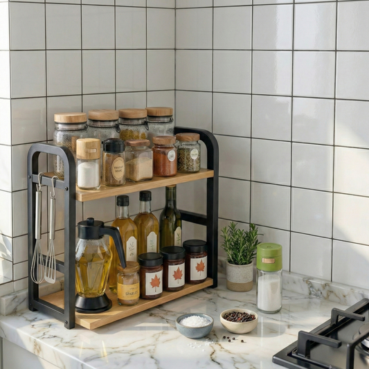 2-Tier Countertop Spice Rack – Metal Frame + Natural Wood Shelves