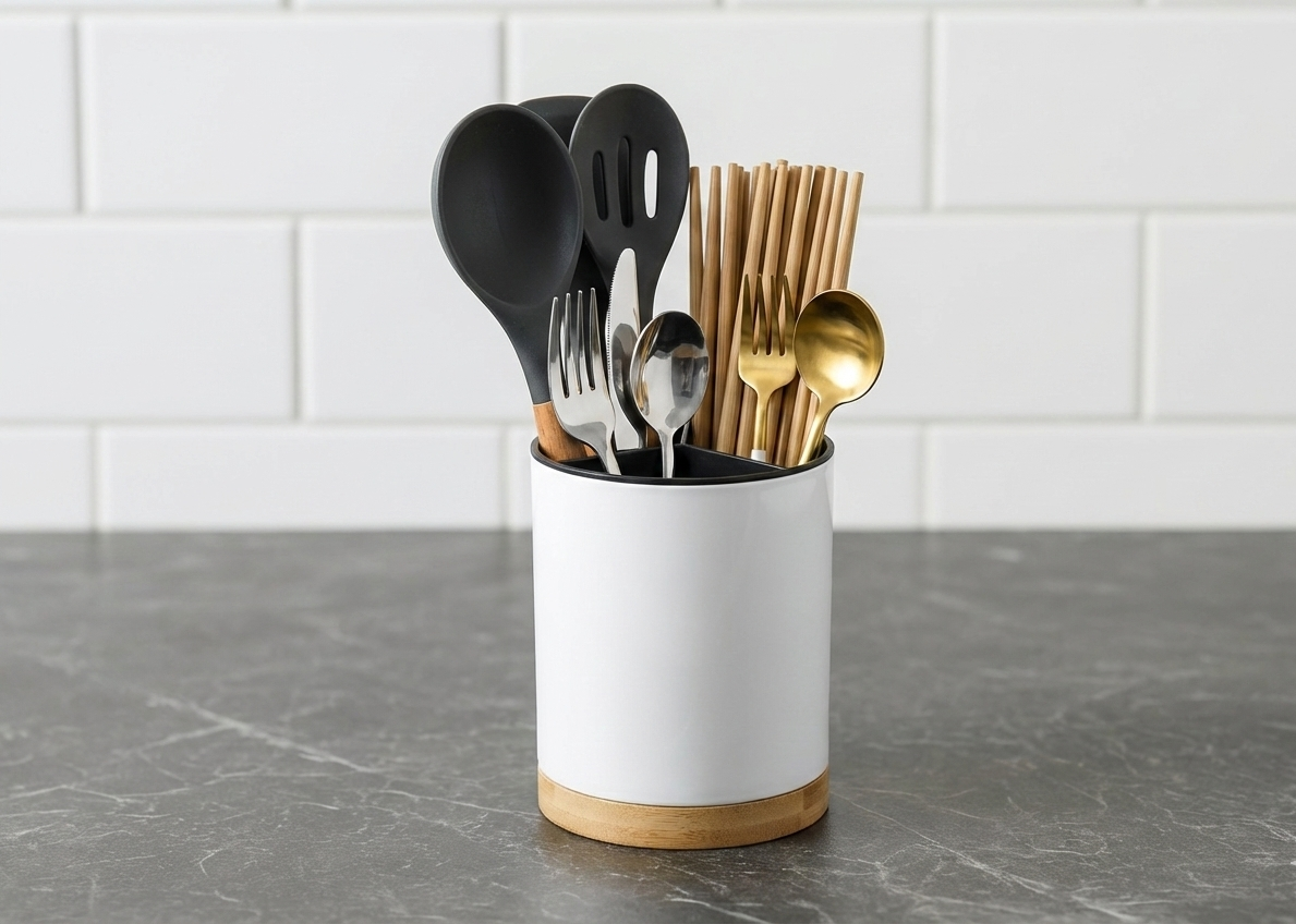 Minimal Utensil Holder with Wood Base